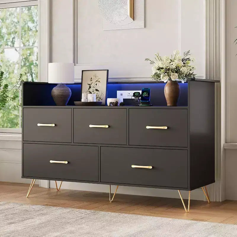 LED Dresser with Charging Station - Modern 5-Drawer 47 Wide Wooden Chest, Storage Organizer for Bedroom, Nursery, Hallway & Apartments