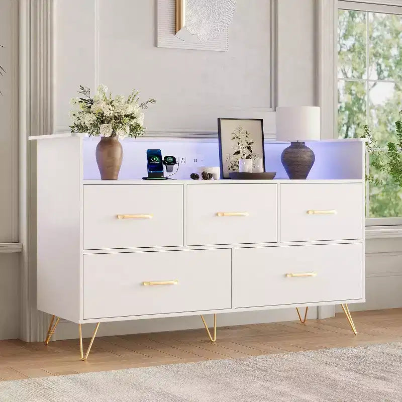 LED Dresser with Charging Station - Modern 5-Drawer 47 Wide Wooden Chest, Storage Organizer for Bedroom, Nursery, Hallway & Apartments