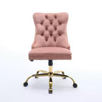Adjustable Desk Chair Swivel Office Chair, Modern Velvet Upholstered Tufted Button Home Office Chair with Golden Metal Base, Pink
