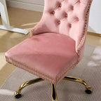 Adjustable Desk Chair Swivel Office Chair, Modern Velvet Upholstered Tufted Button Home Office Chair with Golden Metal Base, Pink
