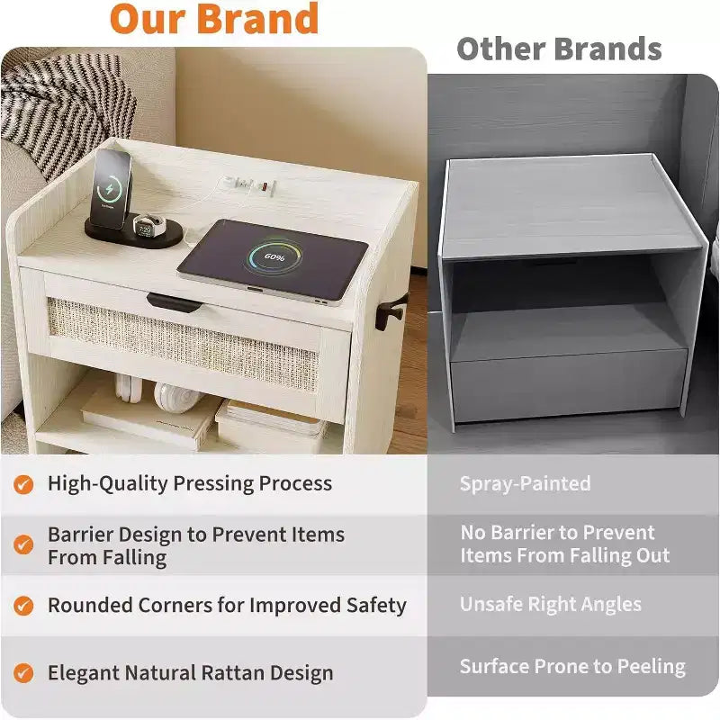 Rattan Nightstand with Type-C Port, Bedside Table with Drawer and Open Shelf, Set of 2 Boho End Tables