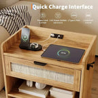 Rattan Nightstand with Type-C Port, Bedside Table with Drawer and Open Shelf, Set of 2 Boho End Tables