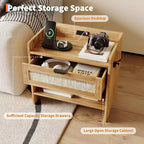 Rattan Nightstand with Type-C Port, Bedside Table with Drawer and Open Shelf, Set of 2 Boho End Tables