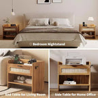 Rattan Nightstand with Type-C Port, Bedside Table with Drawer and Open Shelf, Set of 2 Boho End Tables