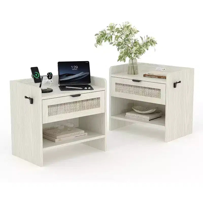 Rattan Nightstand with Type-C Port, Bedside Table with Drawer and Open Shelf, Set of 2 Boho End Tables