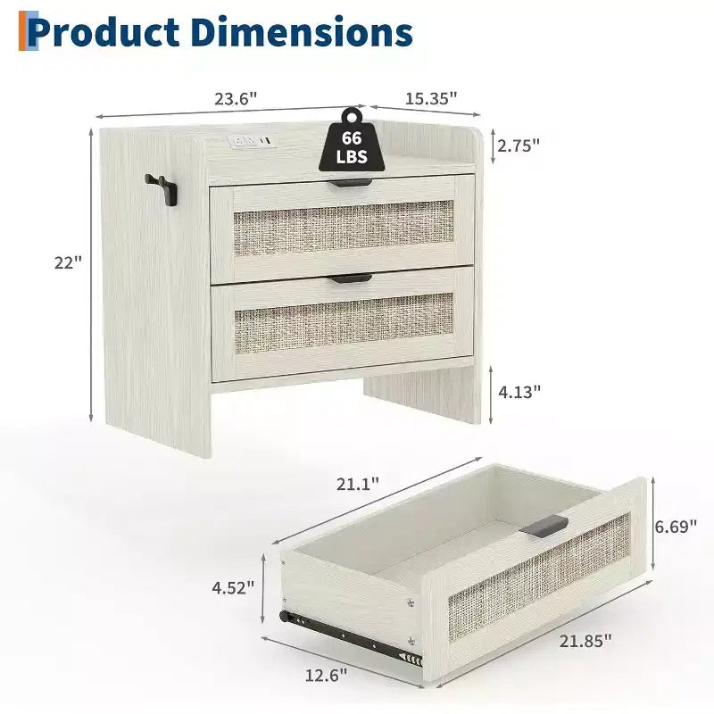 Rattan Nightstand with Charging Station, 2-Drawer Boho Bedside Table with Type-C Port and USB