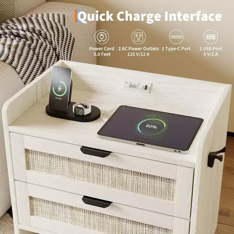 Rattan Nightstand with Charging Station, 2-Drawer Boho Bedside Table with Type-C Port and USB