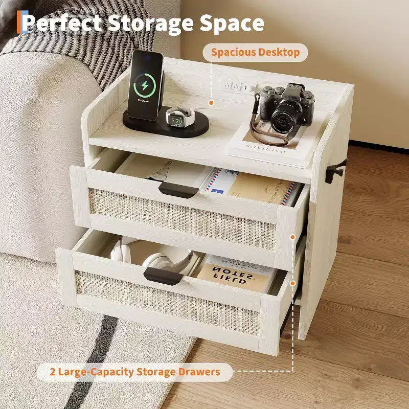 Rattan Nightstand with Charging Station, 2-Drawer Boho Bedside Table with Type-C Port and USB