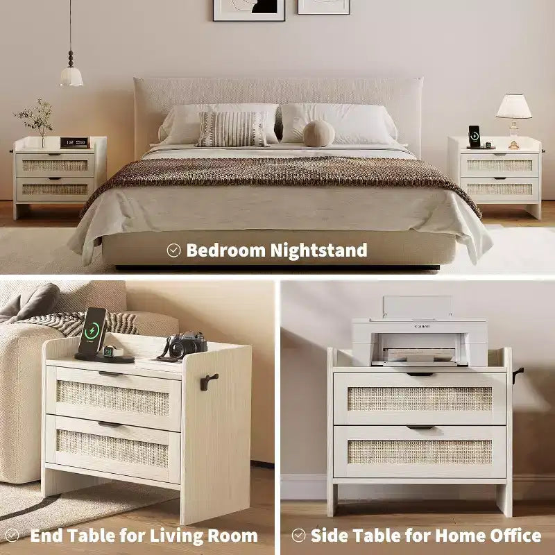 Rattan Nightstand with Charging Station, 2-Drawer Boho Bedside Table with Type-C Port and USB
