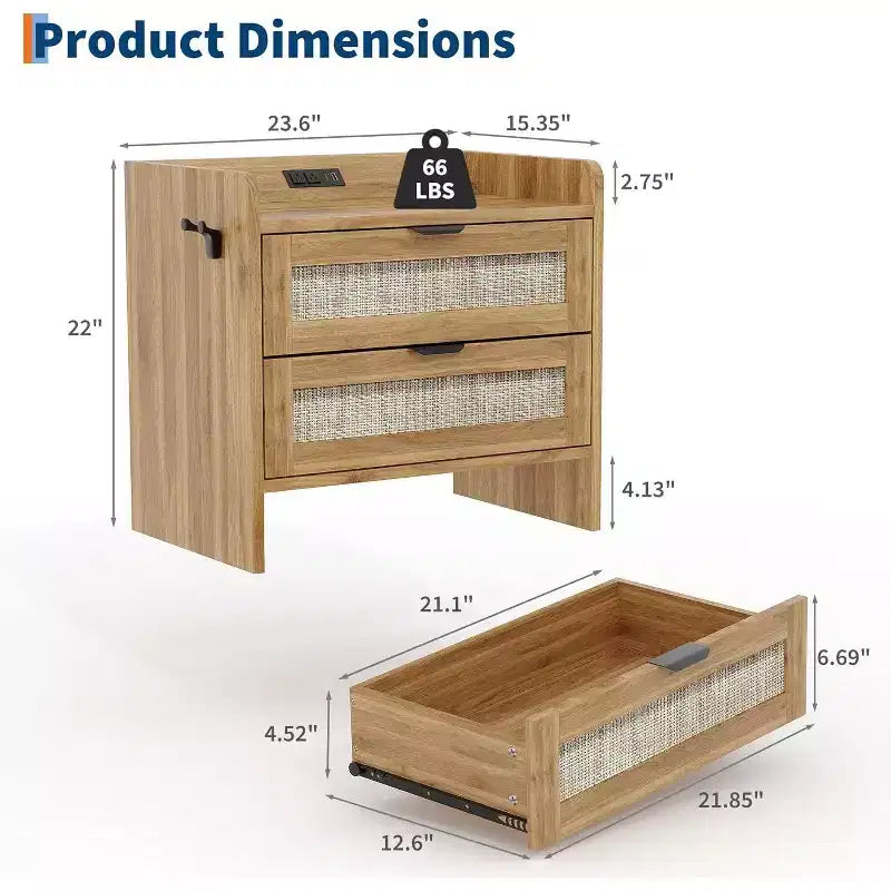 Rattan Nightstand with Charging Station, 2-Drawer Boho Bedside Table with Type-C Port and USB