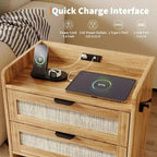 Rattan Nightstand with Charging Station, 2-Drawer Boho Bedside Table with Type-C Port and USB