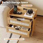 Rattan Nightstand with Charging Station, 2-Drawer Boho Bedside Table with Type-C Port and USB