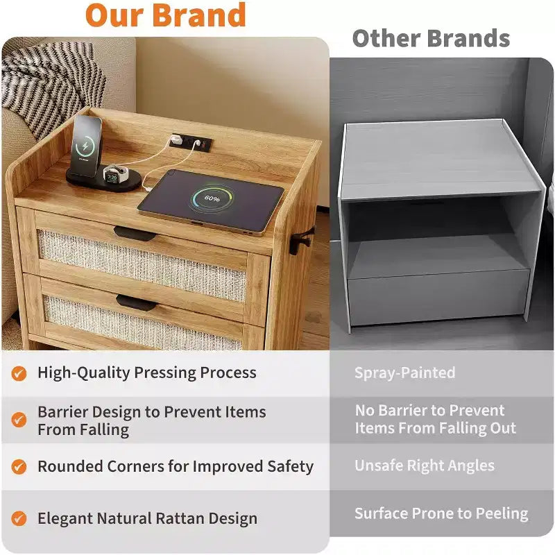 Rattan Nightstand with Charging Station, 2-Drawer Boho Bedside Table with Type-C Port and USB