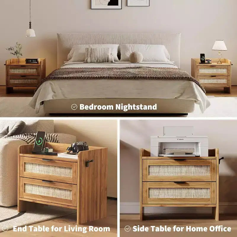 Rattan Nightstand with Charging Station, 2-Drawer Boho Bedside Table with Type-C Port and USB
