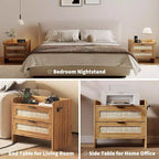 Rattan Nightstand with Charging Station, 2-Drawer Boho Bedside Table with Type-C Port and USB
