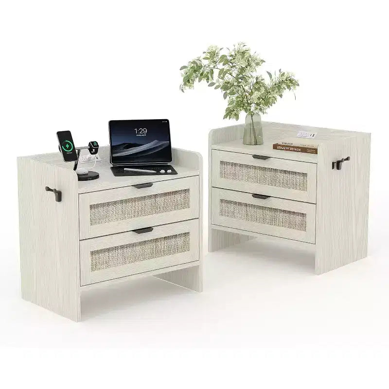 Rattan Nightstand with Charging Station, 2-Drawer Boho Bedside Table with Type-C Port and USB