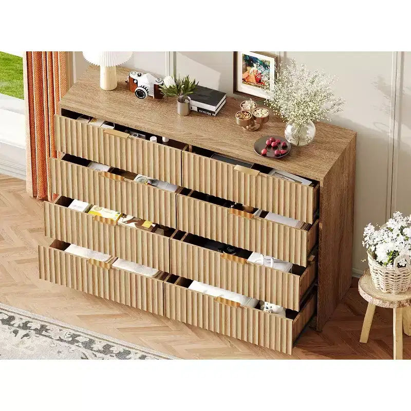 Fluted Dresser for Bedroom, 8 Drawer Dresser, Large Capacity & Anti-Tip, Modern Chest of Drawers with Metal Handles, Wooden Dressers Closet Storage