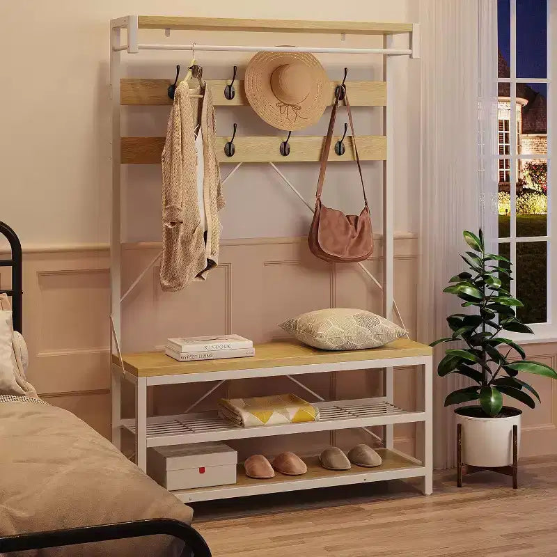 Industrial Hall Tree Shoe Bench, 72 Coat Rack with Storage Shelf, Hanging Bar & 8 Hooks for Entryway