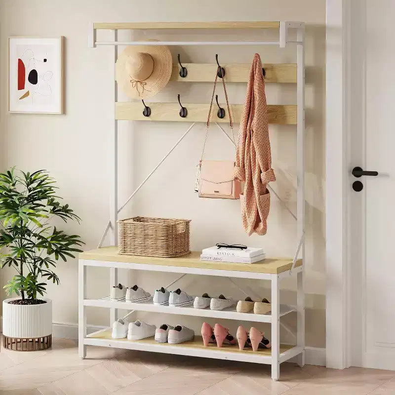 Industrial Hall Tree Shoe Bench, 72 Coat Rack with Storage Shelf, Hanging Bar & 8 Hooks for Entryway