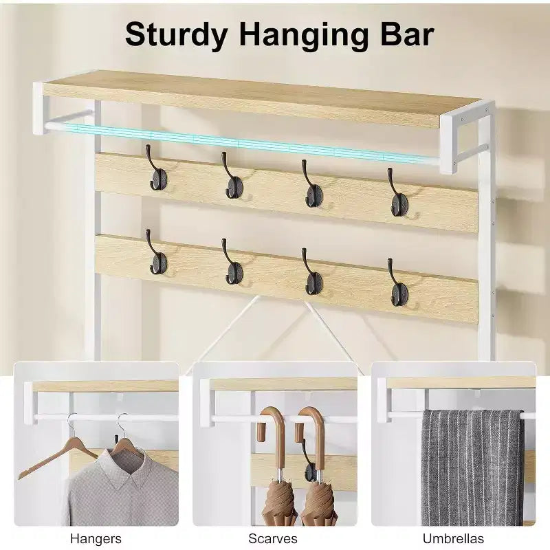 Industrial Hall Tree Shoe Bench, 72 Coat Rack with Storage Shelf, Hanging Bar & 8 Hooks for Entryway