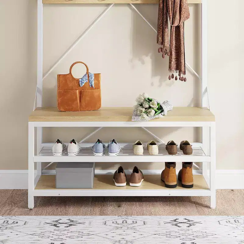 Industrial Hall Tree Shoe Bench, 72 Coat Rack with Storage Shelf, Hanging Bar & 8 Hooks for Entryway