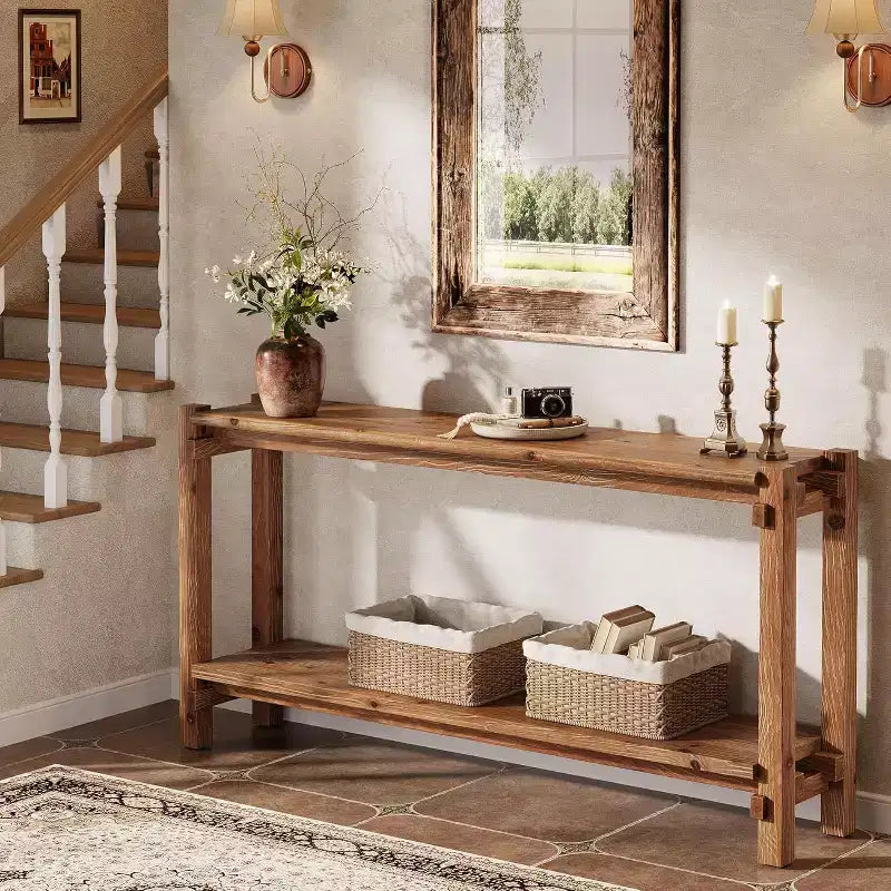 Solid Wood Console Table, Narrow Entryway Table with Storage for Living Room, Entrance, Behind Sofa, Brown