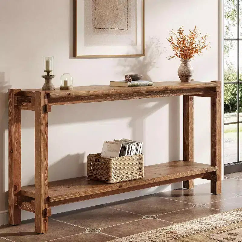 Solid Wood Console Table, Narrow Entryway Table with Storage for Living Room, Entrance, Behind Sofa, Brown