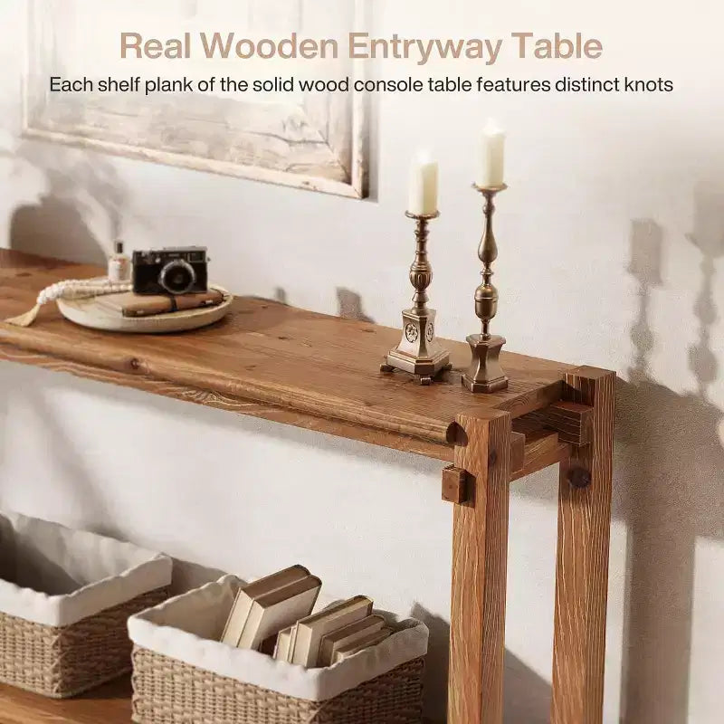 Solid Wood Console Table, Narrow Entryway Table with Storage for Living Room, Entrance, Behind Sofa, Brown