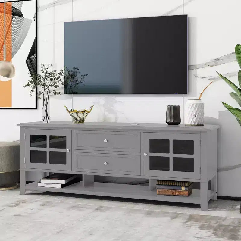 59" Modern TV Stand for 60" TVs, Grey MDF Media Console with Multifunctional Storage & Silent Magnetic Doors