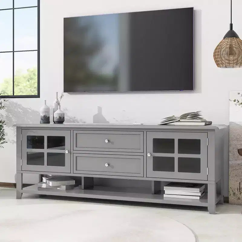 59" Modern TV Stand for 60" TVs, Grey MDF Media Console with Multifunctional Storage & Silent Magnetic Doors