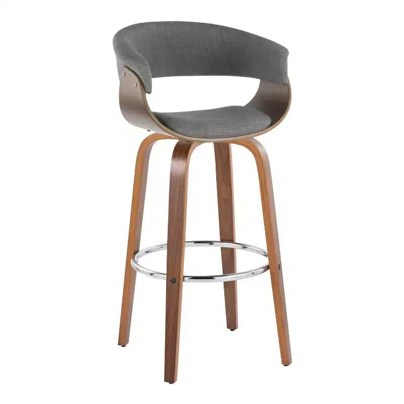 Set of 2 Vintage Modern Fixed-Height Barstools, Walnut Wood Legs, Chrome Footrest, Light Gray Upholstery