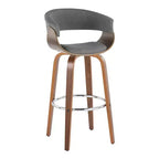 Set of 2 Vintage Modern Fixed-Height Barstools, Walnut Wood Legs, Chrome Footrest, Light Gray Upholstery