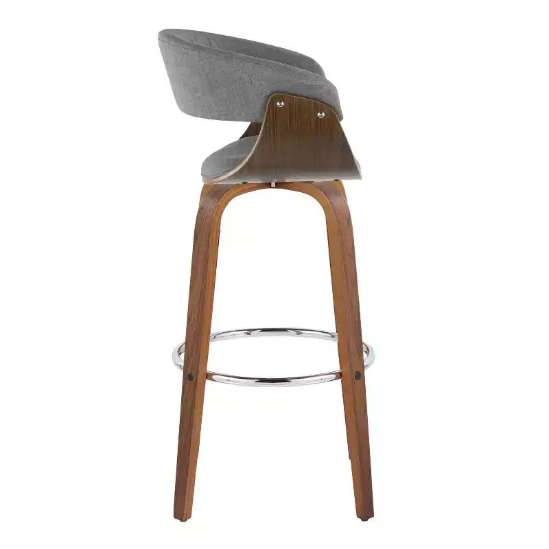 Set of 2 Vintage Modern Fixed-Height Barstools, Walnut Wood Legs, Chrome Footrest, Light Gray Upholstery