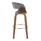Set of 2 Vintage Modern Fixed-Height Barstools, Walnut Wood Legs, Chrome Footrest, Light Gray Upholstery