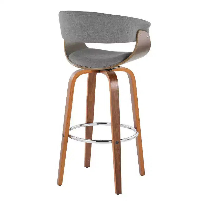 Set of 2 Vintage Modern Fixed-Height Barstools, Walnut Wood Legs, Chrome Footrest, Light Gray Upholstery