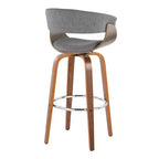 Set of 2 Vintage Modern Fixed-Height Barstools, Walnut Wood Legs, Chrome Footrest, Light Gray Upholstery
