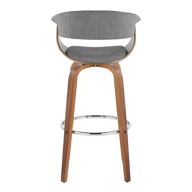 Set of 2 Vintage Modern Fixed-Height Barstools, Walnut Wood Legs, Chrome Footrest, Light Gray Upholstery