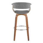 Set of 2 Vintage Modern Fixed-Height Barstools, Walnut Wood Legs, Chrome Footrest, Light Gray Upholstery