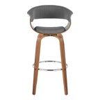 Set of 2 Vintage Modern Fixed-Height Barstools, Walnut Wood Legs, Chrome Footrest, Light Gray Upholstery