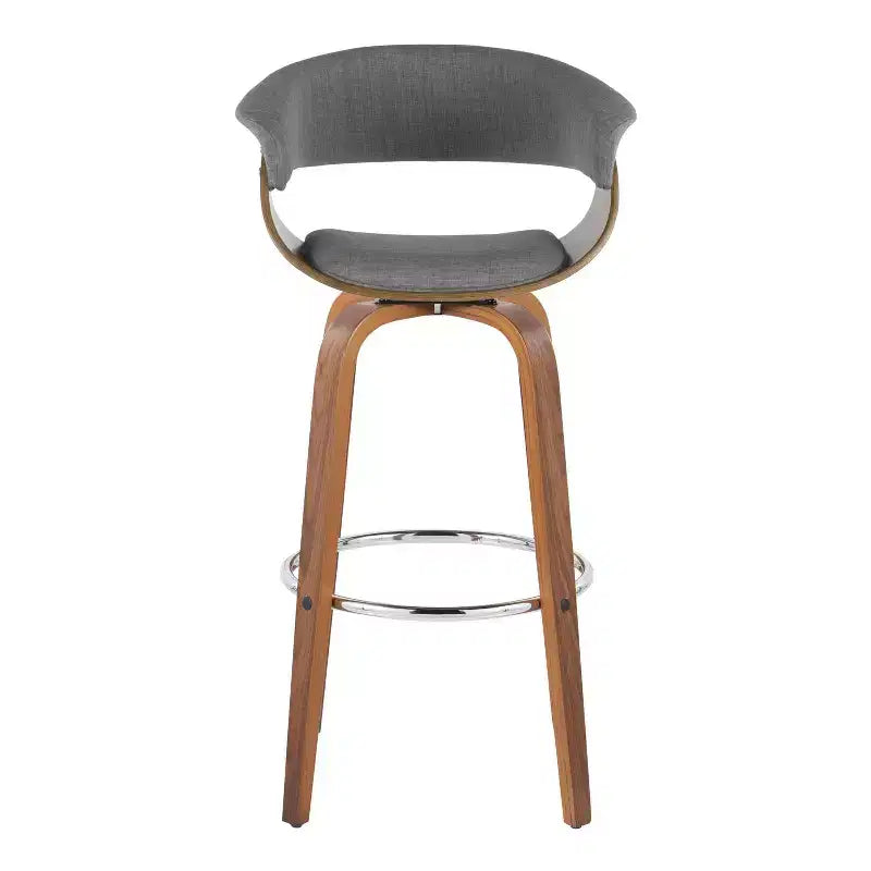 Set of 2 Vintage Modern Fixed-Height Barstools, Walnut Wood Legs, Chrome Footrest, Light Gray Upholstery