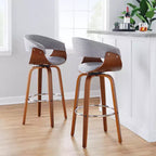 Set of 2 Vintage Modern Fixed-Height Barstools, Walnut Wood Legs, Chrome Footrest, Light Gray Upholstery
