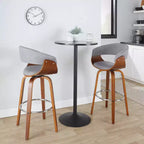 Set of 2 Vintage Modern Fixed-Height Barstools, Walnut Wood Legs, Chrome Footrest, Light Gray Upholstery