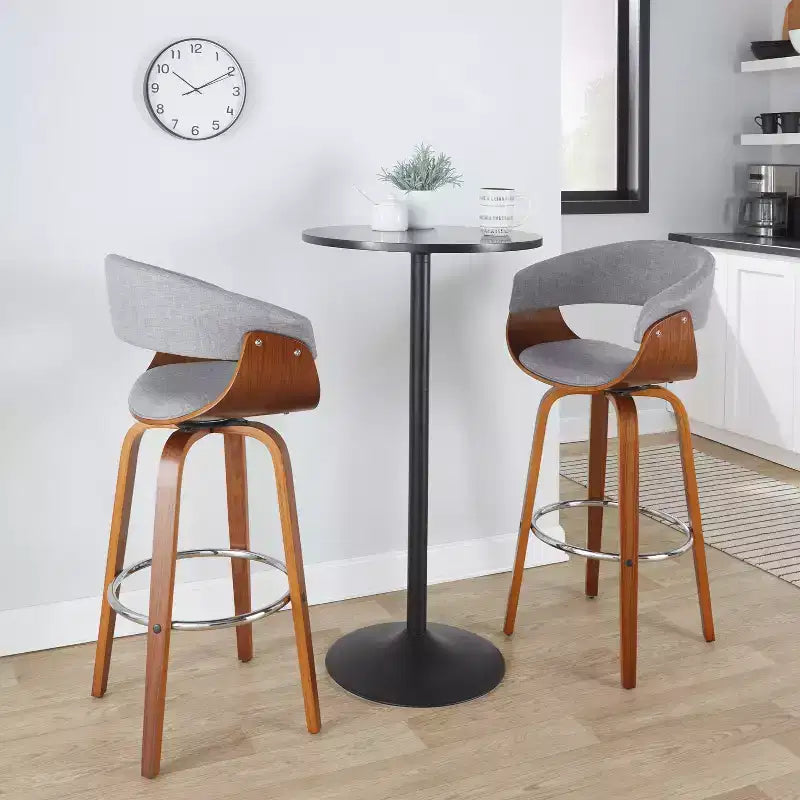 Set of 2 Vintage Modern Fixed-Height Barstools, Walnut Wood Legs, Chrome Footrest, Light Gray Upholstery