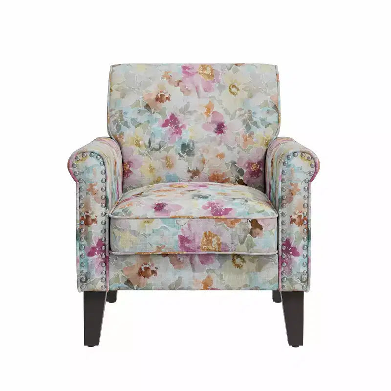 Traditional Rolled Arm Accent Chair with Pewter Nailheads Floral Pattern Pink