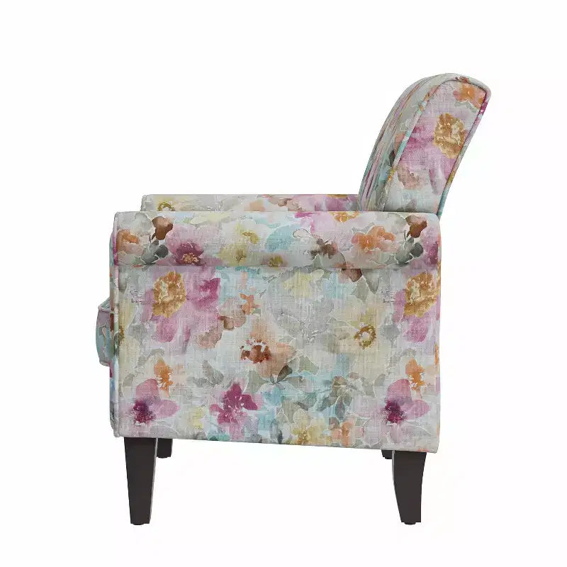 Traditional Rolled Arm Accent Chair with Pewter Nailheads Floral Pattern Pink