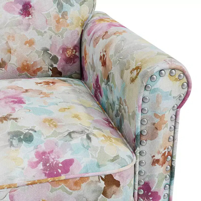 Traditional Rolled Arm Accent Chair with Pewter Nailheads Floral Pattern Pink