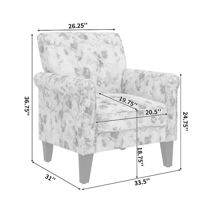 Traditional Rolled Arm Accent Chair with Pewter Nailheads Floral Pattern Pink