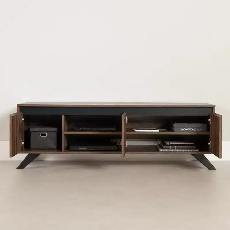 TV Stand for TVs up to 60", Natural Walnut Laminated Particle Board with 3 Doors and Open Compartments