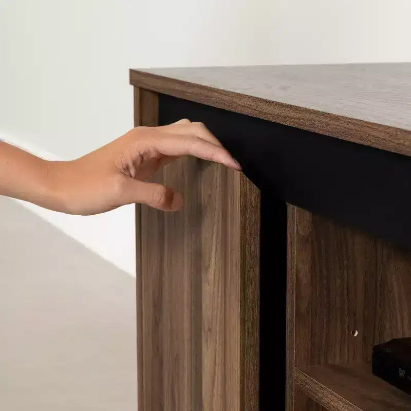 TV Stand for TVs up to 60", Natural Walnut Laminated Particle Board with 3 Doors and Open Compartments