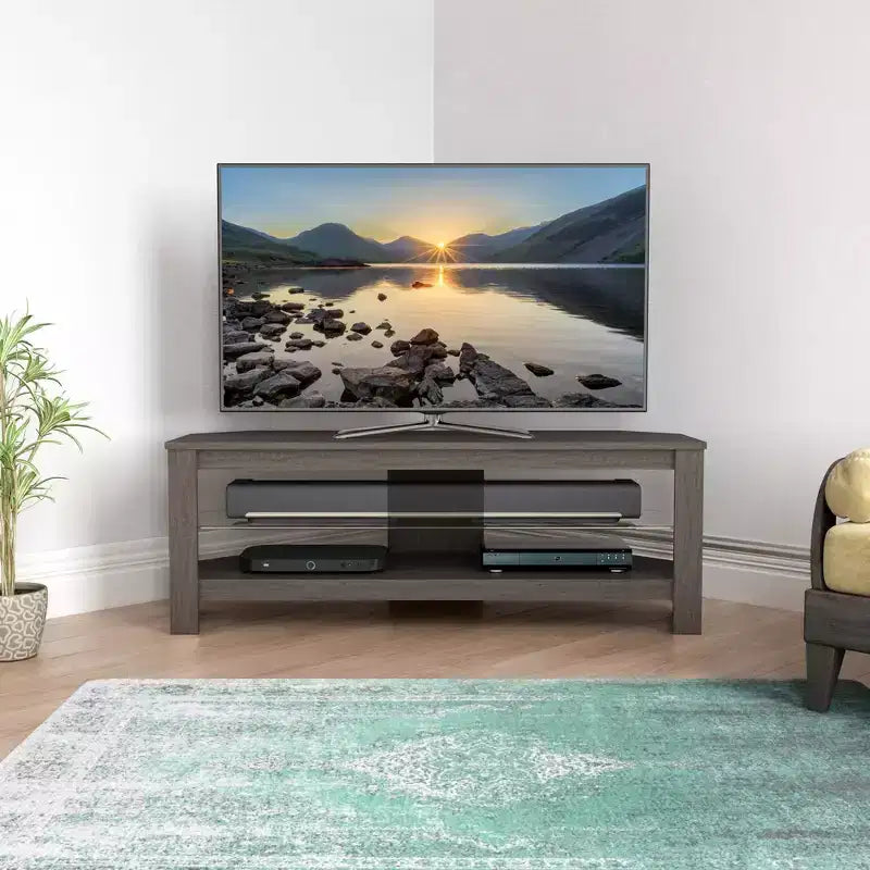 Corner TV Stand for TVs up to 55", Gray Oak MDF with Glass Shelf, Open Shelves, Cable Management